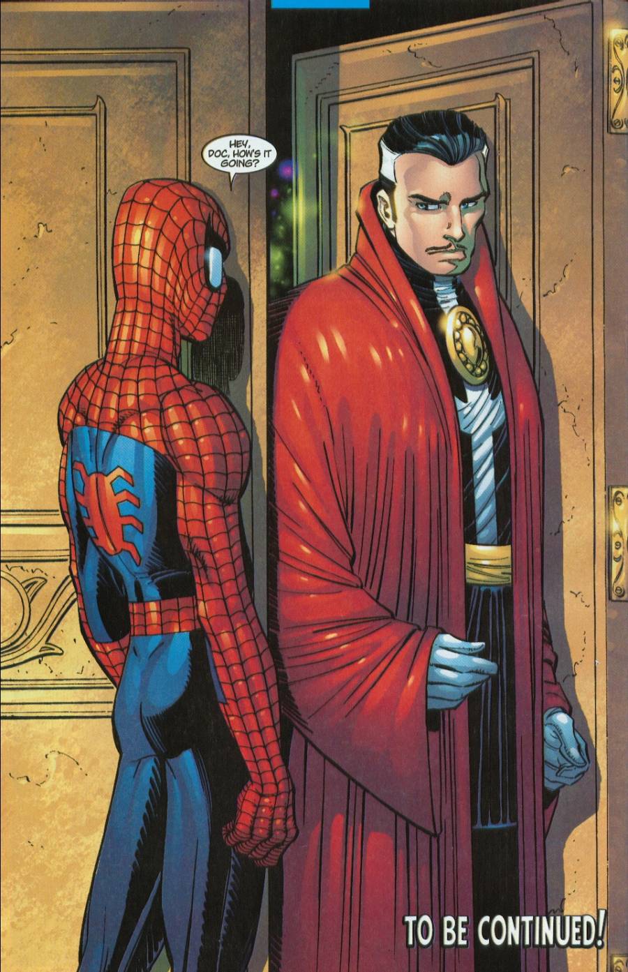The final page of Amazing Spider-Man Volume 2 #41 with Spider-Man meeting Doctor Strange as illustrated by John Romita Jr.